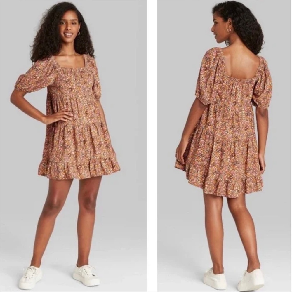Wild Fable Floral Puff Sleeve Mini Dress with Ruffle SZ S